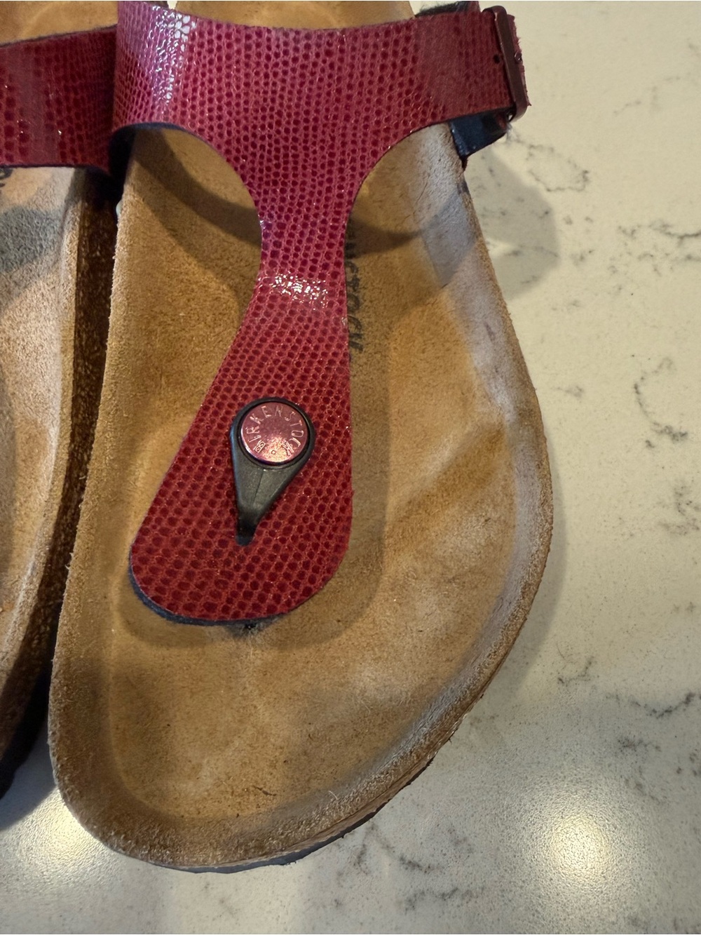 Birkenstock Brown Leather T-Strap Sandals with Gold Accents - Picture 14 of 16